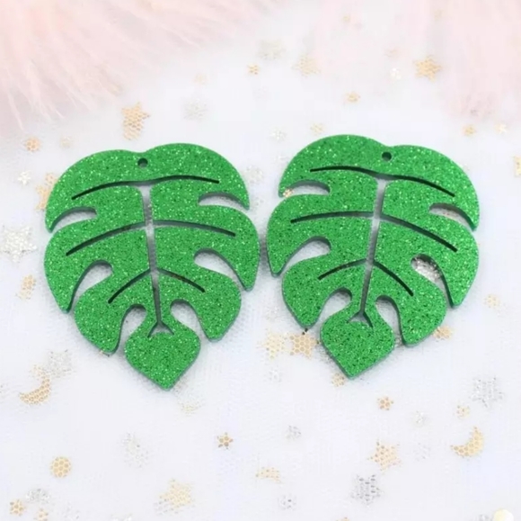 Large green glitter tropical Monstera Leaf Earrings - Picture 3 of 8